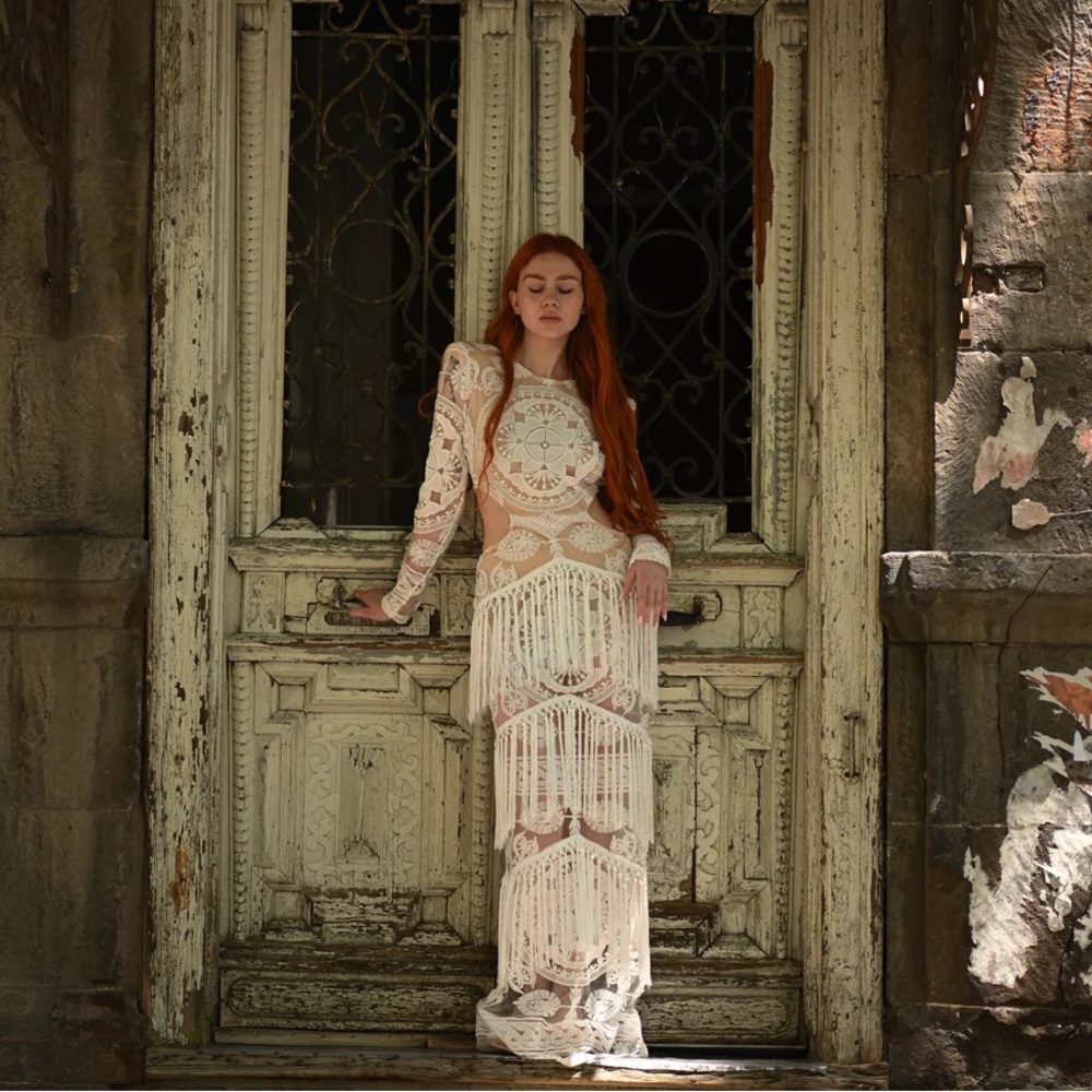 Elegant Cream Crochet Maxi Dress with Fringe